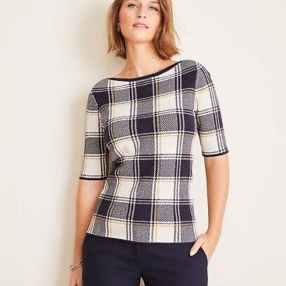 NWT Ann Taylor Petite Plaid Boatneck Sweater Small - Picture 1 of 2
